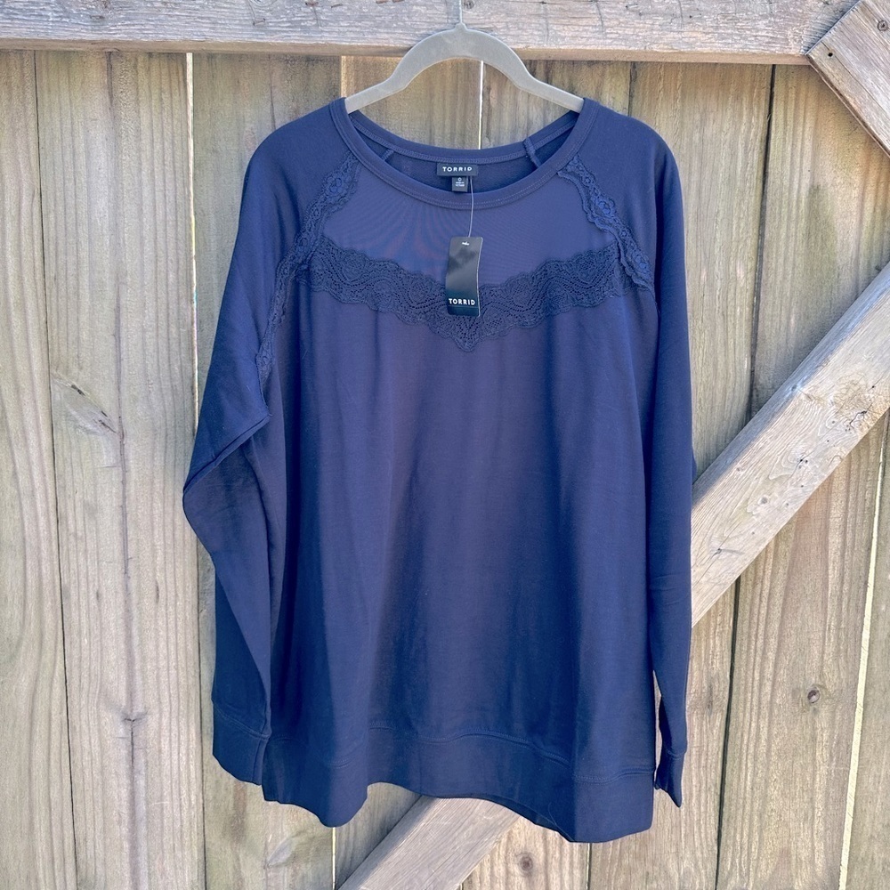 Torrid Casual Navy Lace Detail Terry Cloth Interior Pullover NWT Sweater